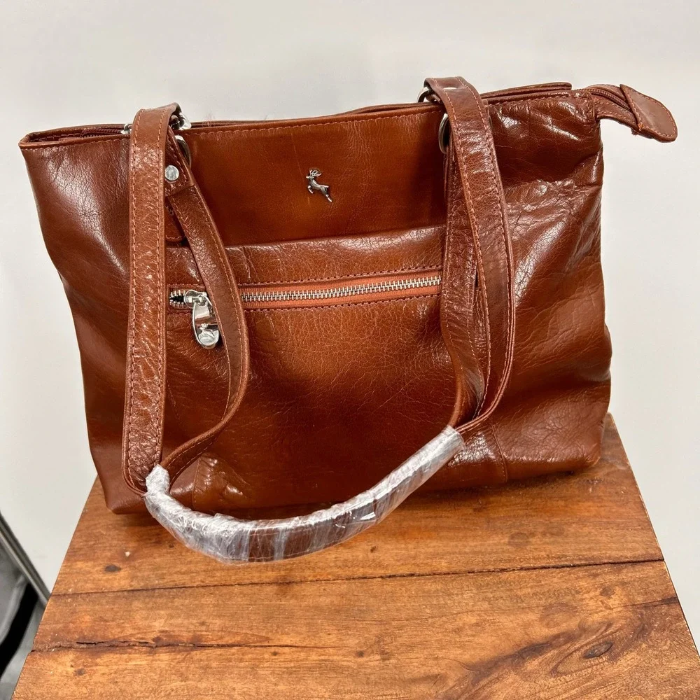 Ashwood Brown Genuine Leather Shoulder Tote Bag Silver Hardware Cognac